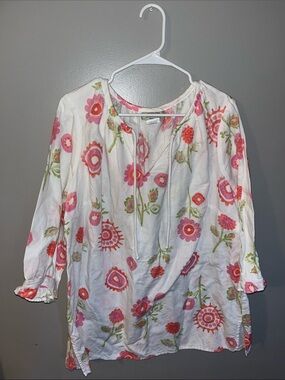 White Embroidered Floral Peasant Blouse - Pink/Coral Flowers